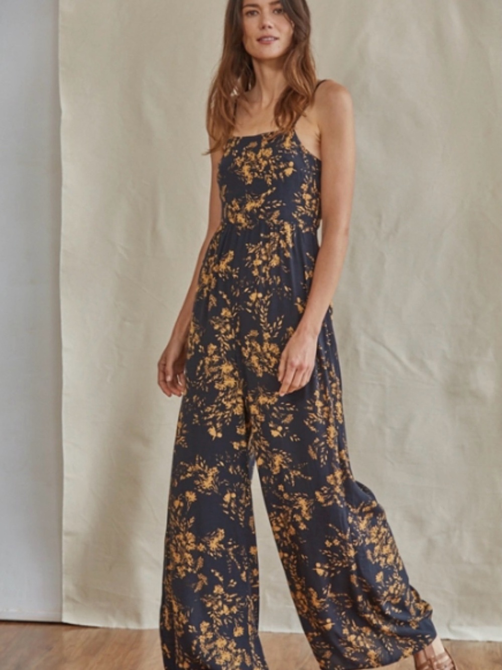 By Together Navy Wide-Leg Jumpsuit with Mustard Floral Print